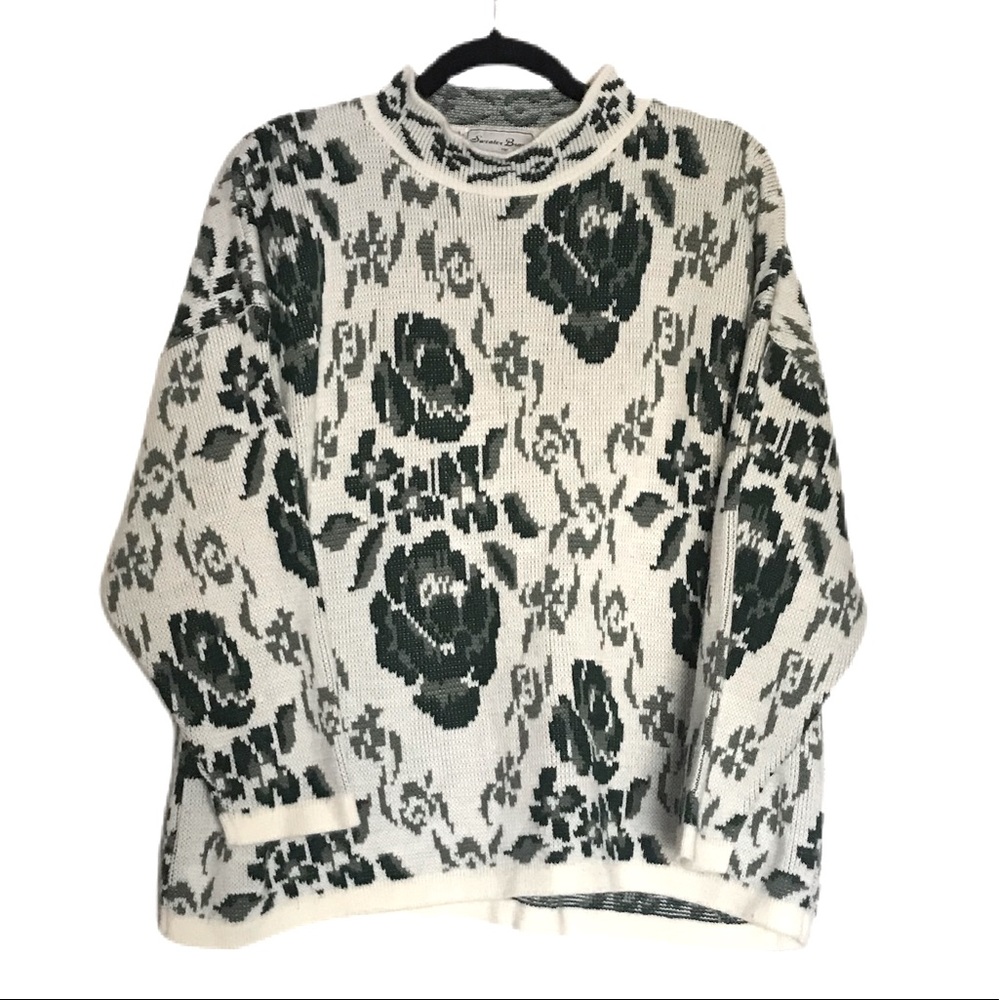 Green and White Rose Vintage Sweater